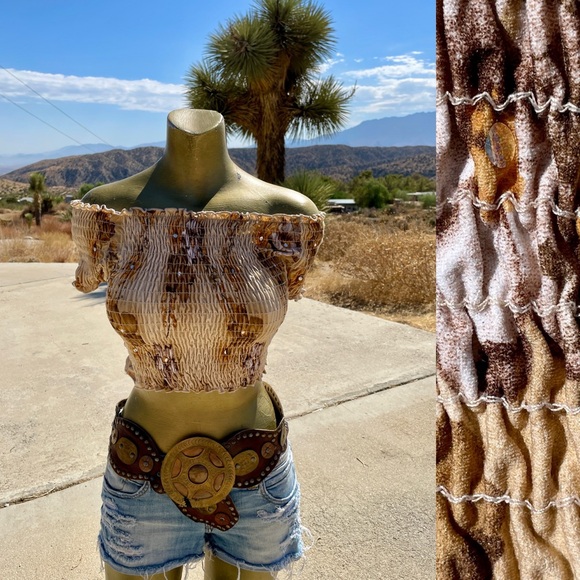 SANS SOUCI Sequin Camo OFF SHOULDER Stretch Fit Crop TOP O/S As-Is - Picture 1 of 16